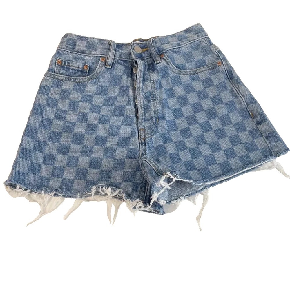 PacSun‎ Checkerboard Ultra High Rise Vintage Cut-off Shorts Blue 23 Buttonfly